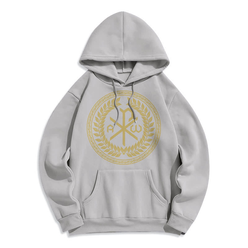 Christianartworkshop Sudadera con capucha de poliéster forrada de felpa con el emblema sagrado Chi-rho de estilo clásico y corona de laurel. - Gris - 2XL - image 30