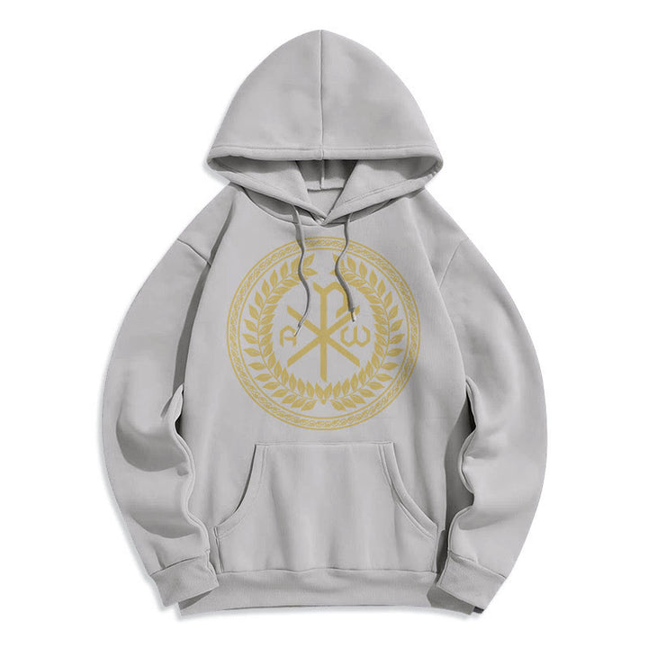 Christianartworkshop Sudadera con capucha de poliéster forrada de felpa con el emblema sagrado Chi-rho de estilo clásico y corona de laurel. - Gris - 2XL - image 30