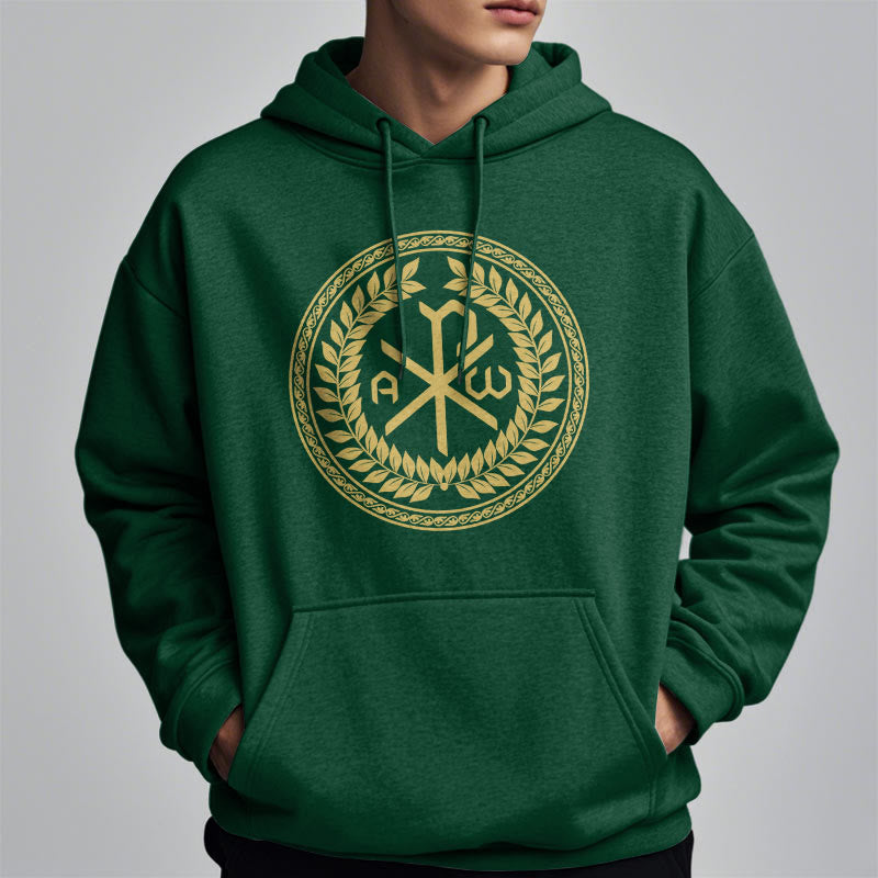 Christianartworkshop Sudadera con capucha de poliéster forrada de felpa con el emblema sagrado Chi-rho de estilo clásico y corona de laurel. - image 23