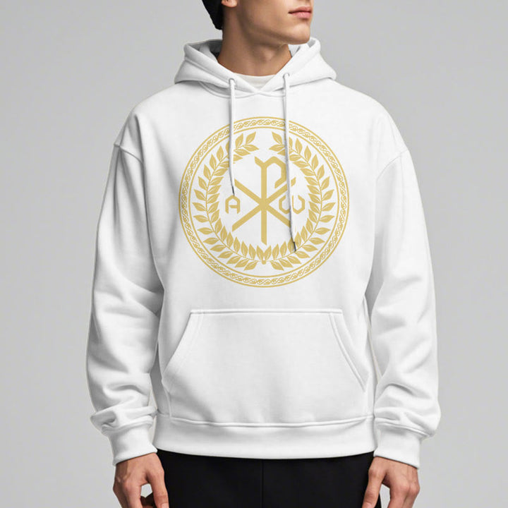 Christianartworkshop Sudadera con capucha de poliéster forrada de felpa con el emblema sagrado Chi-rho de estilo clásico y corona de laurel. - image 7