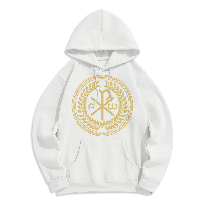Christianartworkshop Sudadera con capucha de poliéster forrada de felpa con el emblema sagrado Chi-rho de estilo clásico y corona de laurel. - Blanco - 2XL - image 5