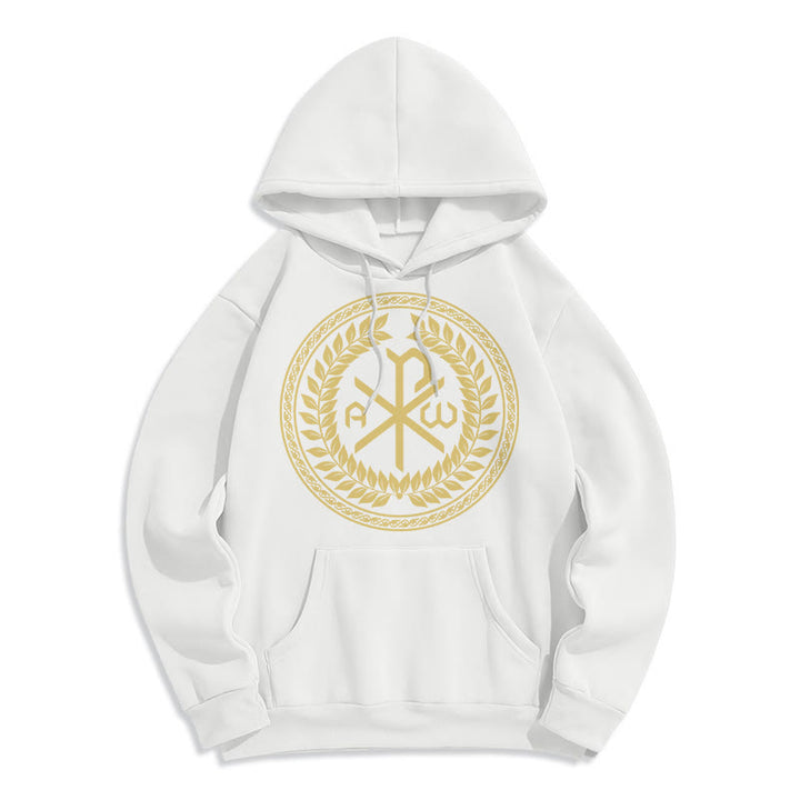 Christianartworkshop Sudadera con capucha de poliéster forrada de felpa con el emblema sagrado Chi-rho de estilo clásico y corona de laurel. - Blanco - 2XL - image 5