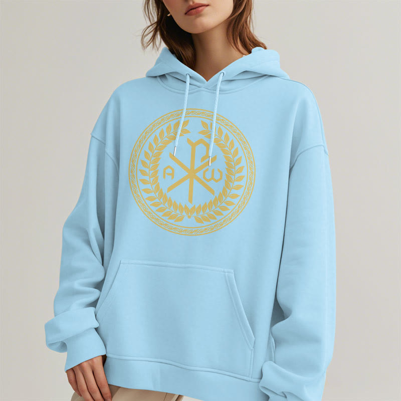 Christianartworkshop Sudadera con capucha de poliéster forrada de felpa con el emblema sagrado Chi-rho de estilo clásico y corona de laurel. - image 28