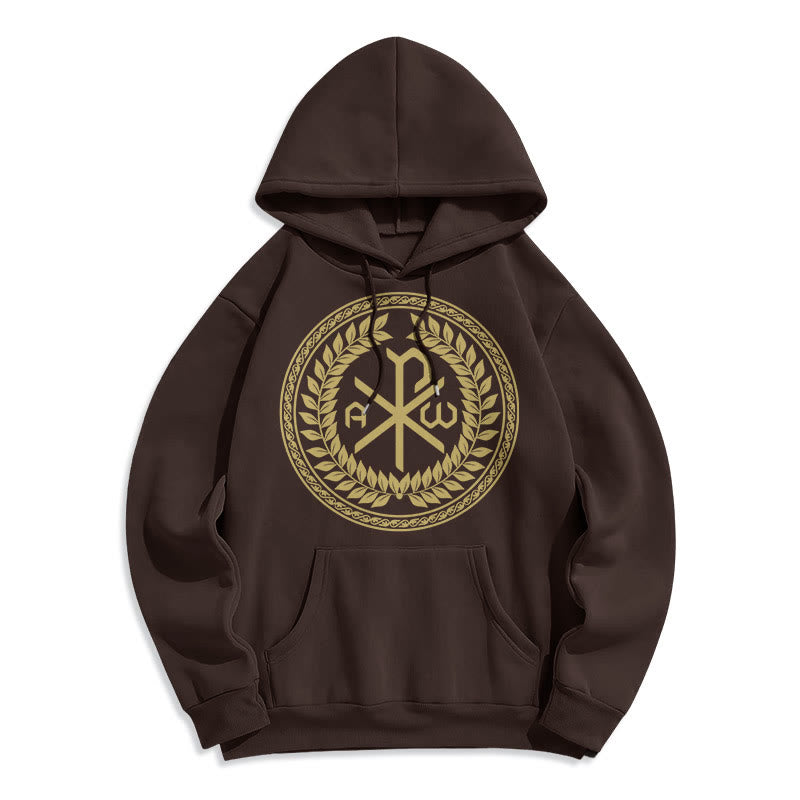 Christianartworkshop Sudadera con capucha de poliéster forrada de felpa con el emblema sagrado Chi-rho de estilo clásico y corona de laurel. - Marrón - 2XL - image 15