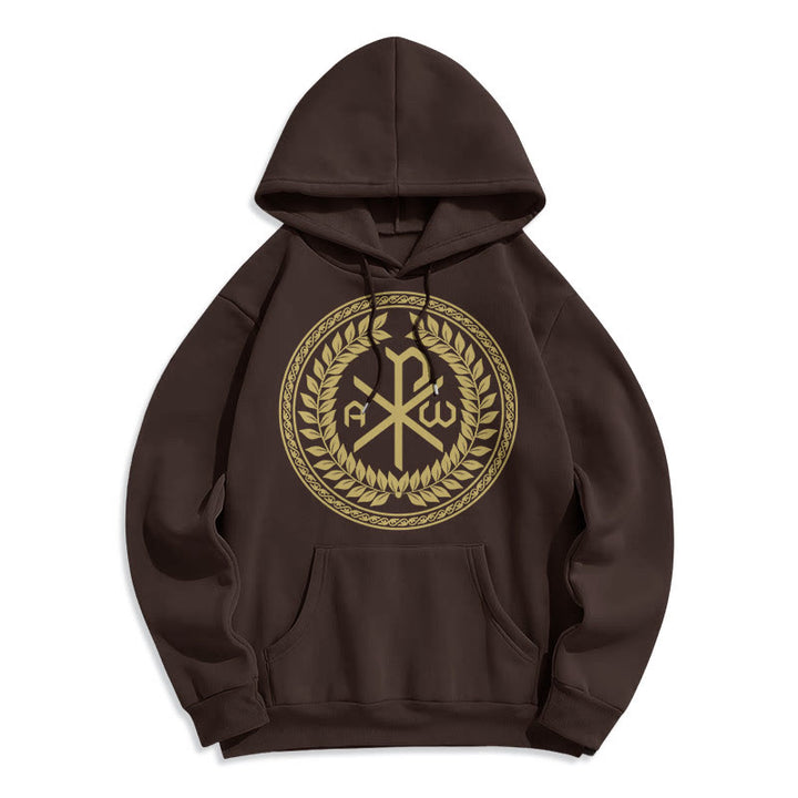 Christianartworkshop Sudadera con capucha de poliéster forrada de felpa con el emblema sagrado Chi-rho de estilo clásico y corona de laurel. - Marrón - 2XL - image 15