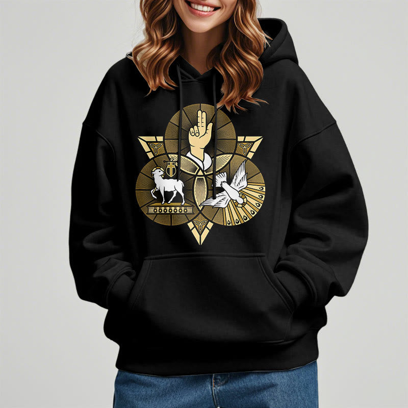 Christianartworkshop Sudadera con capucha de poliéster forrada de felpa con el Cordero de Dios y la Paloma de San Benito, estilo moderno. - image 1