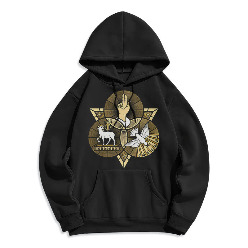 Christianartworkshop Sudadera con capucha de poliéster forrada de felpa con el Cordero de Dios y la Paloma de San Benito, estilo moderno. - Negro - 2XL - image 0