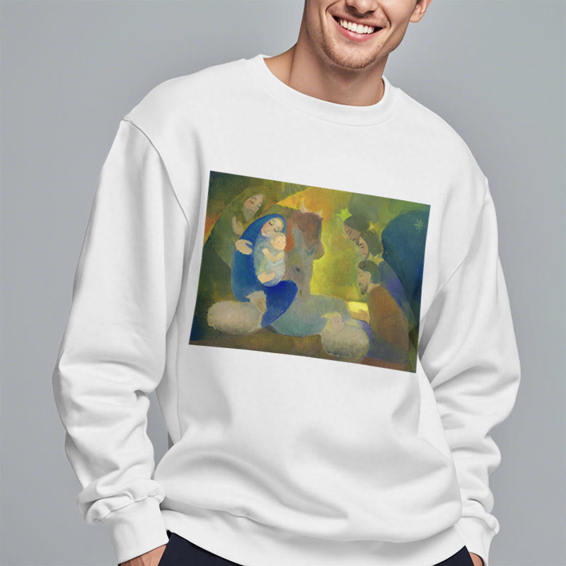 Christianartworkshop Sudadera de poliéster con forro polar y estampado de la Natividad y la Noche Santa, de estilo clásico y colorido. - image 1