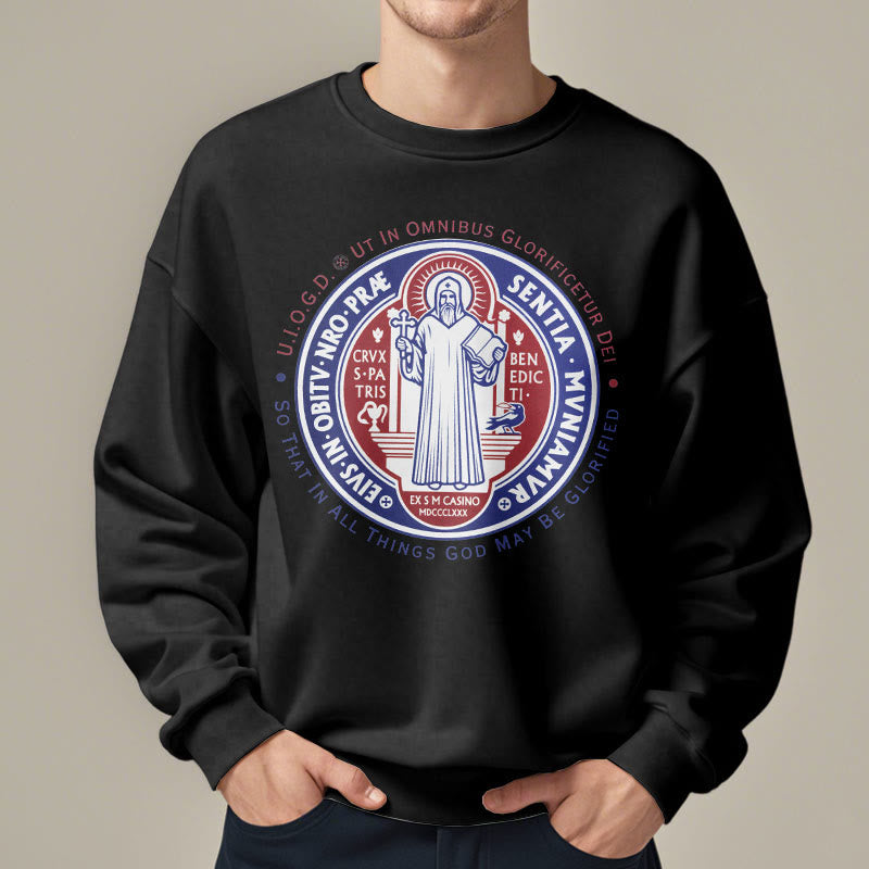Christianartworkshop Sudadera de poliéster con forro polar y emblema de la medalla de San Benito, estilo clásico y colores vibrantes. - image 1