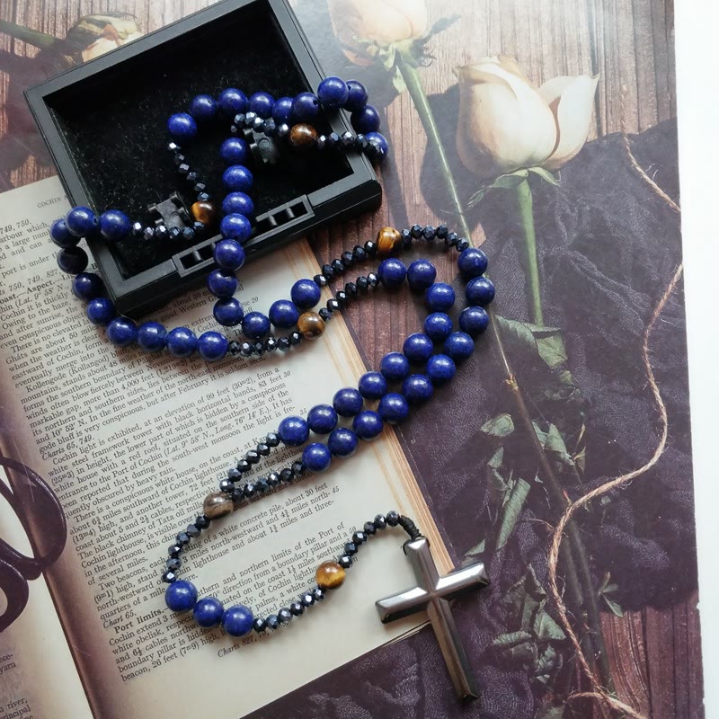 Christianartworkshop Rosario con cruz de piedra azul hematita redonda de 4*8 mm y cordón de nailon - image 1