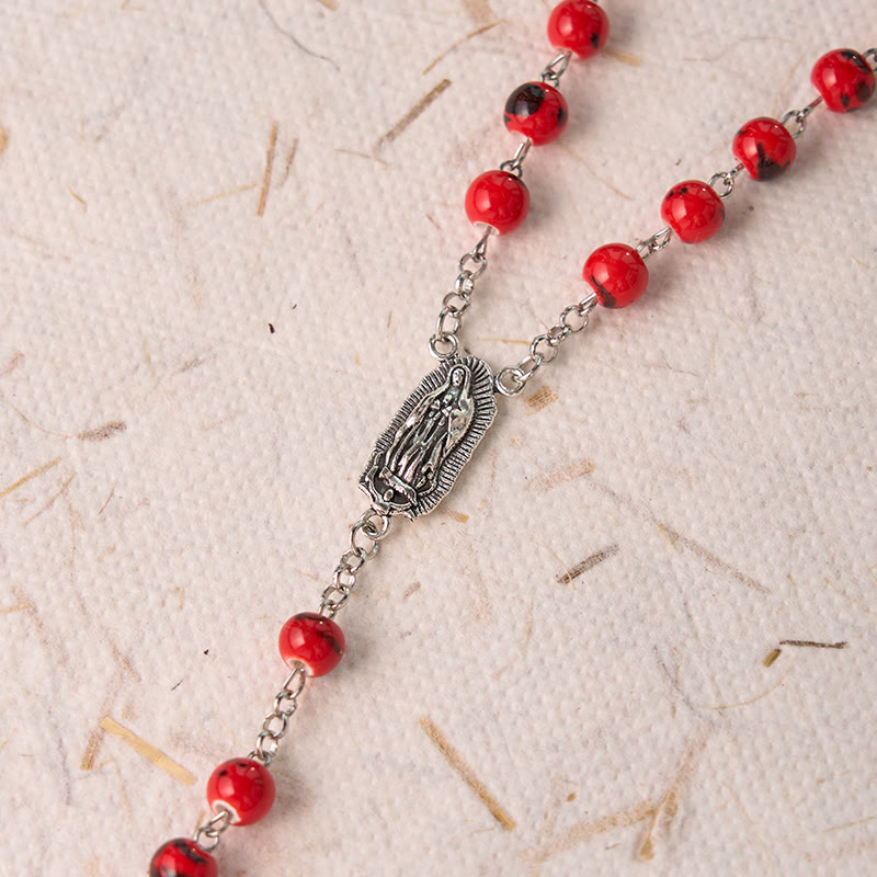 Christianartworkshop Rosario de cadena de aleación de cerámica roja redonda de 8 mm con crucifijo y imagen de Nuestra Señora de Guadalupe. - image 5