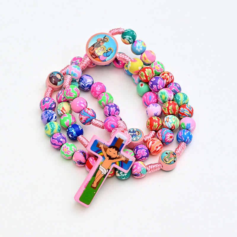 Christianartworkshop Rosario de la Sagrada Familia y Crucifijo de 8 mm, redondo, multicolor, con cordón de nailon y arcilla polimérica. - Rosa - image 0