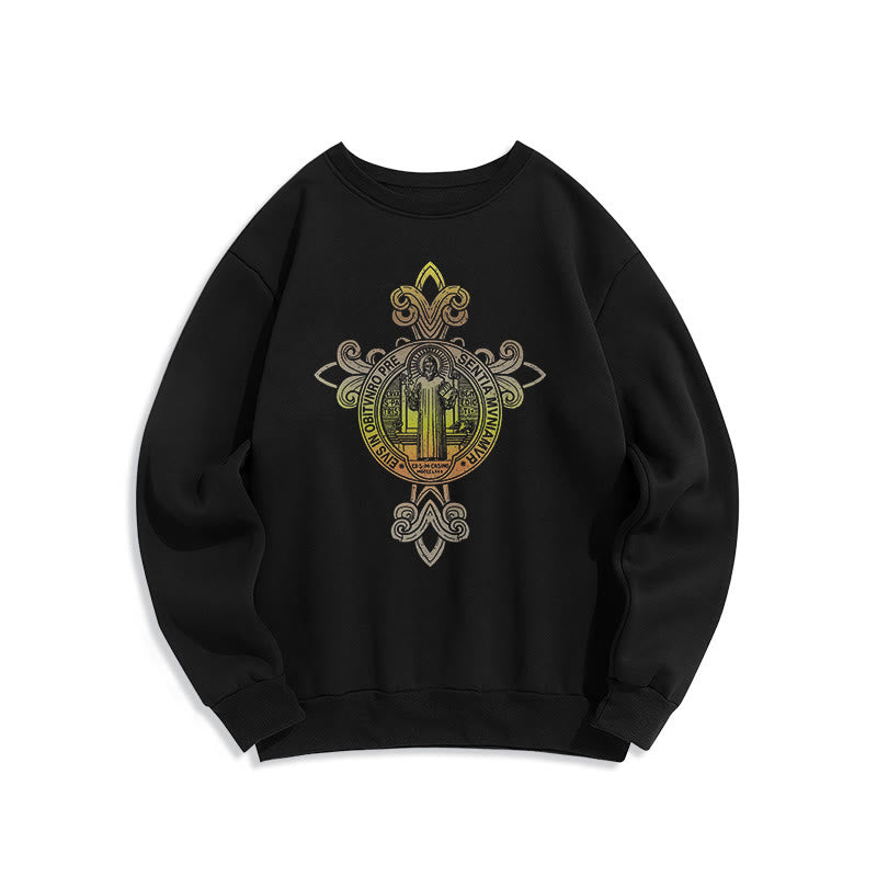 Christianartworkshop Sudadera de poliéster con forro polar y emblema de San Benito con bordados de volutas, estilo colorido. - Negro - 2XL - image 0