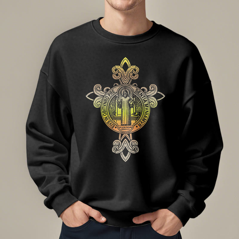 Christianartworkshop Sudadera de poliéster con forro polar y emblema de San Benito con bordados de volutas, estilo colorido. - image 1