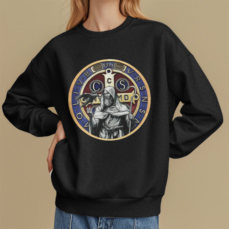 Christianartworkshop Sudadera de poliéster con forro polar y emblema de la figura de San Benito, estilo clásico y de colores vibrantes. - image 1