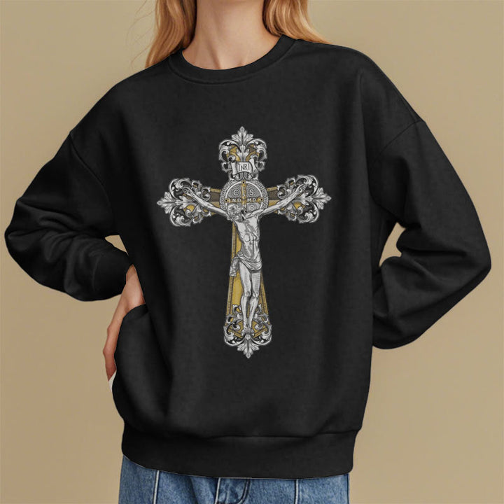 Christianartworkshop Sudadera de poliéster con forro polar y crucifijo de San Benito, estilo clásico. - image 1