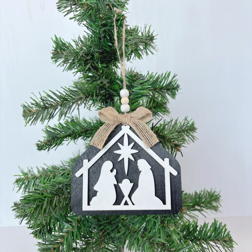 Christianartworkshop Silueta de belén de estilo minimalista Adornos navideños colgantes de la Natividad - Blanco + Negro - image 0