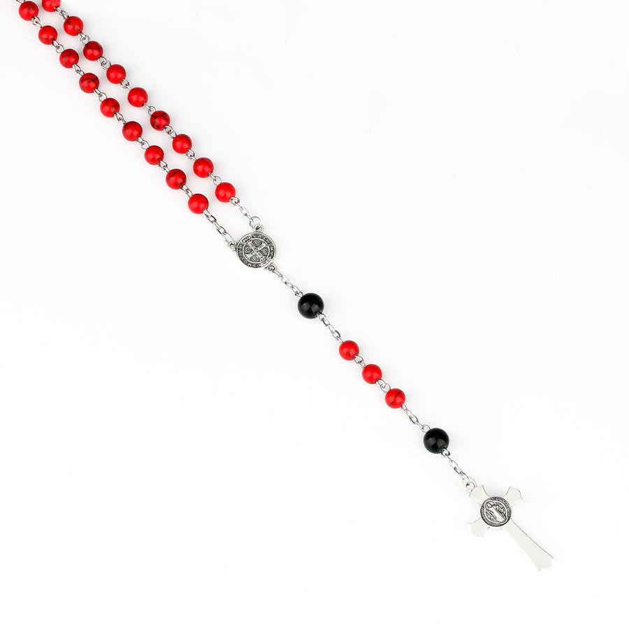 Christianartworkshop Rosario con medalla de San Benito y crucifijo de 6 mm de diámetro, cadena de aleación de turquesa roja. - image 3