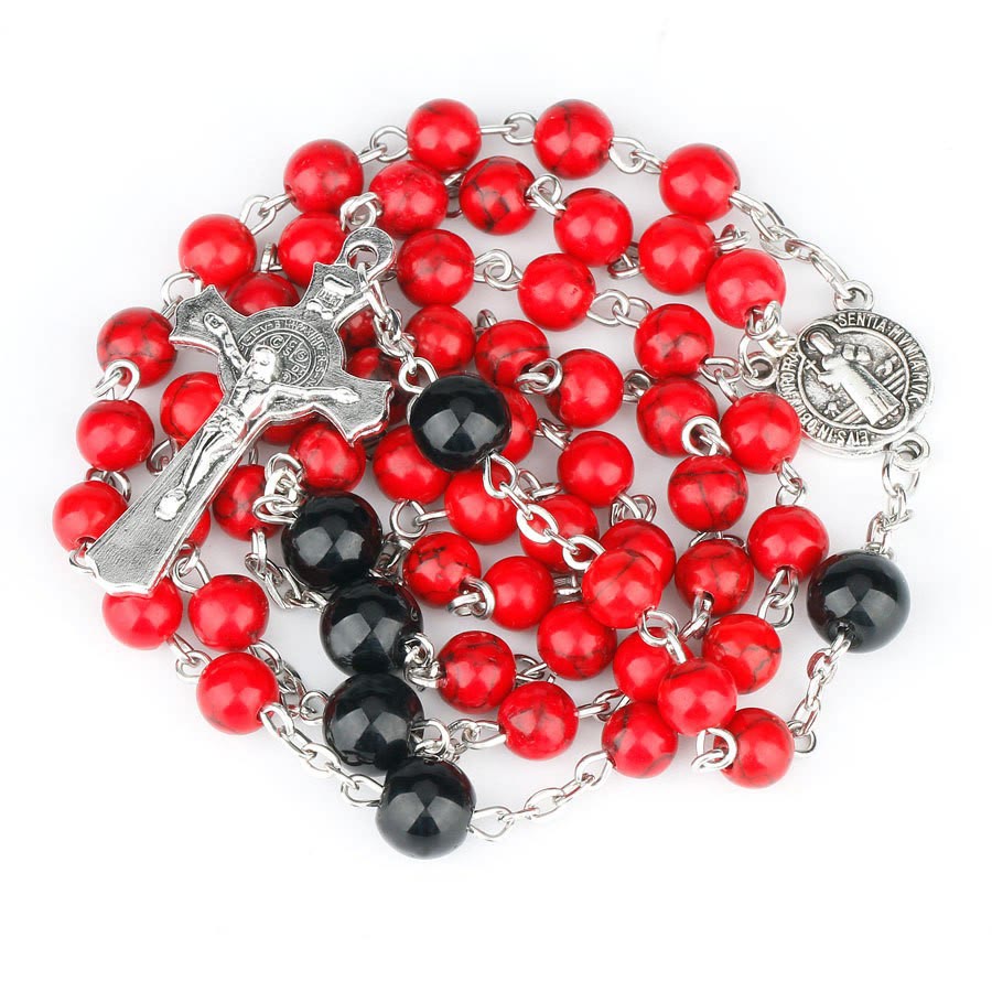 Christianartworkshop Rosario con medalla de San Benito y crucifijo de 6 mm de diámetro, cadena de aleación de turquesa roja. - Rojo - image 0