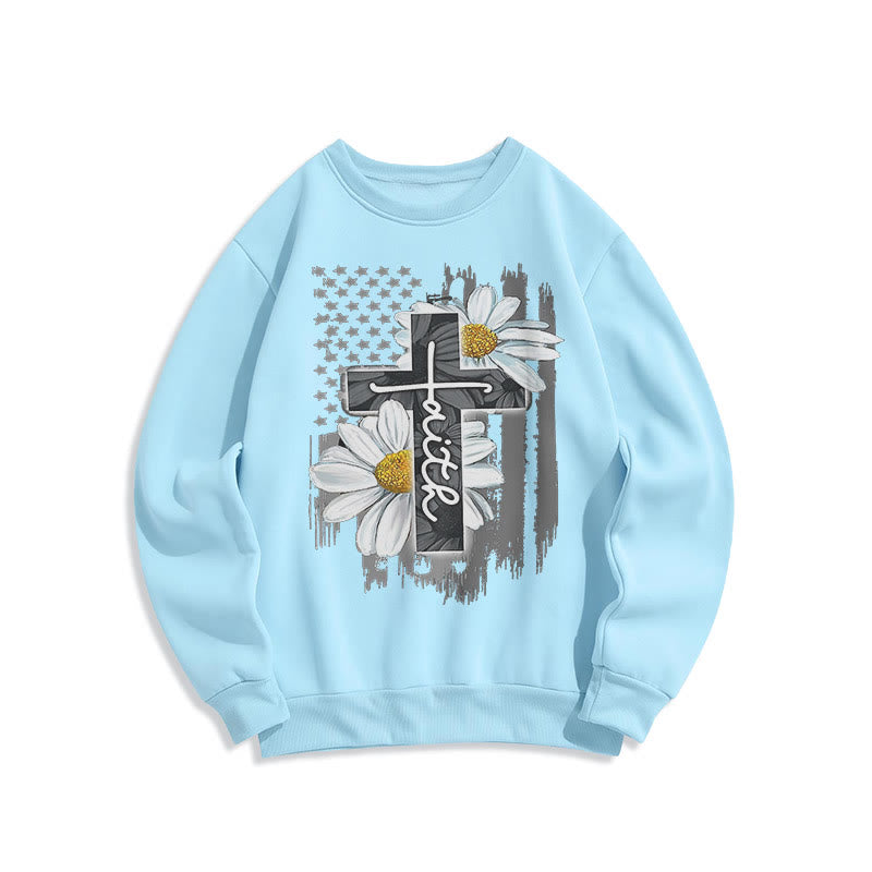 Christianartworkshop Sudadera de poliéster forrada de felpa con cruz y margaritas de estilo moderno. - Azul - 2XL - image 0