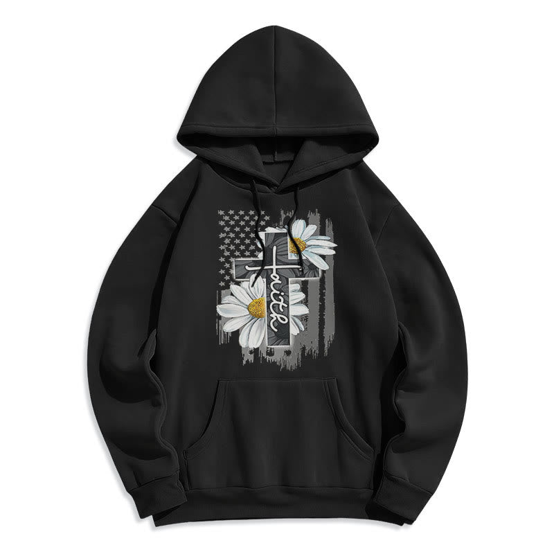 Christianartworkshop Sudadera con capucha de poliéster forrada de felpa con cruz y margaritas de estilo moderno. - Negro - 2XL - image 0