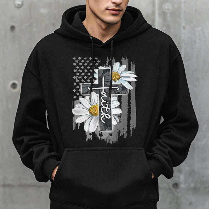 Christianartworkshop Sudadera con capucha de poliéster forrada de felpa con cruz y margaritas de estilo moderno. - image 1
