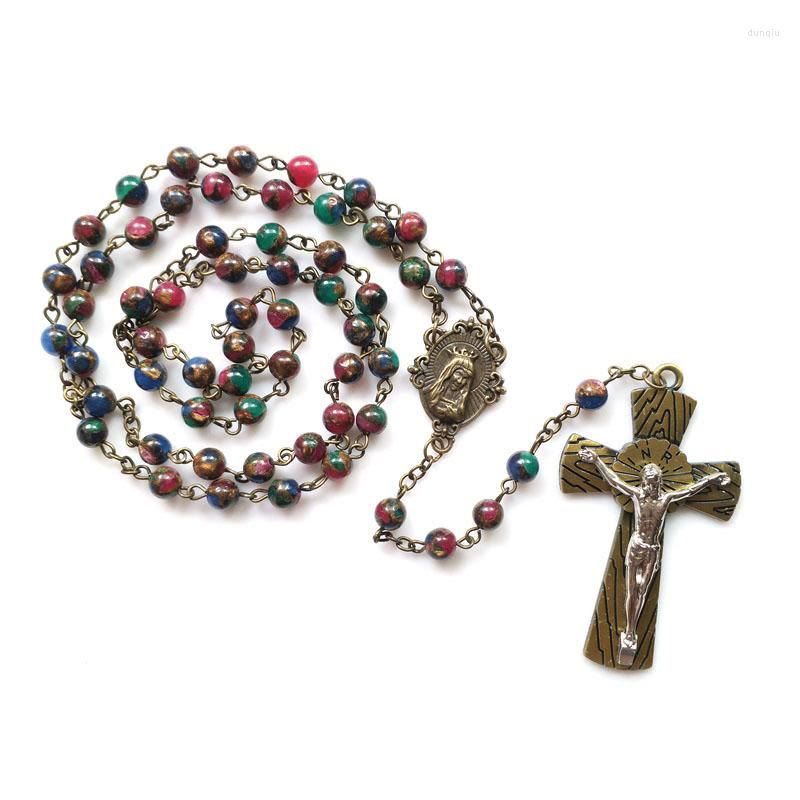 Christianartworkshop Rosario de la Virgen María y Crucifijo con piedra redonda multicolor de 6 mm y cadena de aleación - Virgen María y Crucifijo - image 0