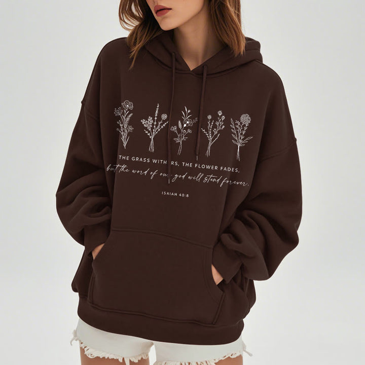 Christianartworkshop Sudadera con capucha de poliéster forrada de felpa con estampado floral de Isaías 40:8, estilo cita. - image 2