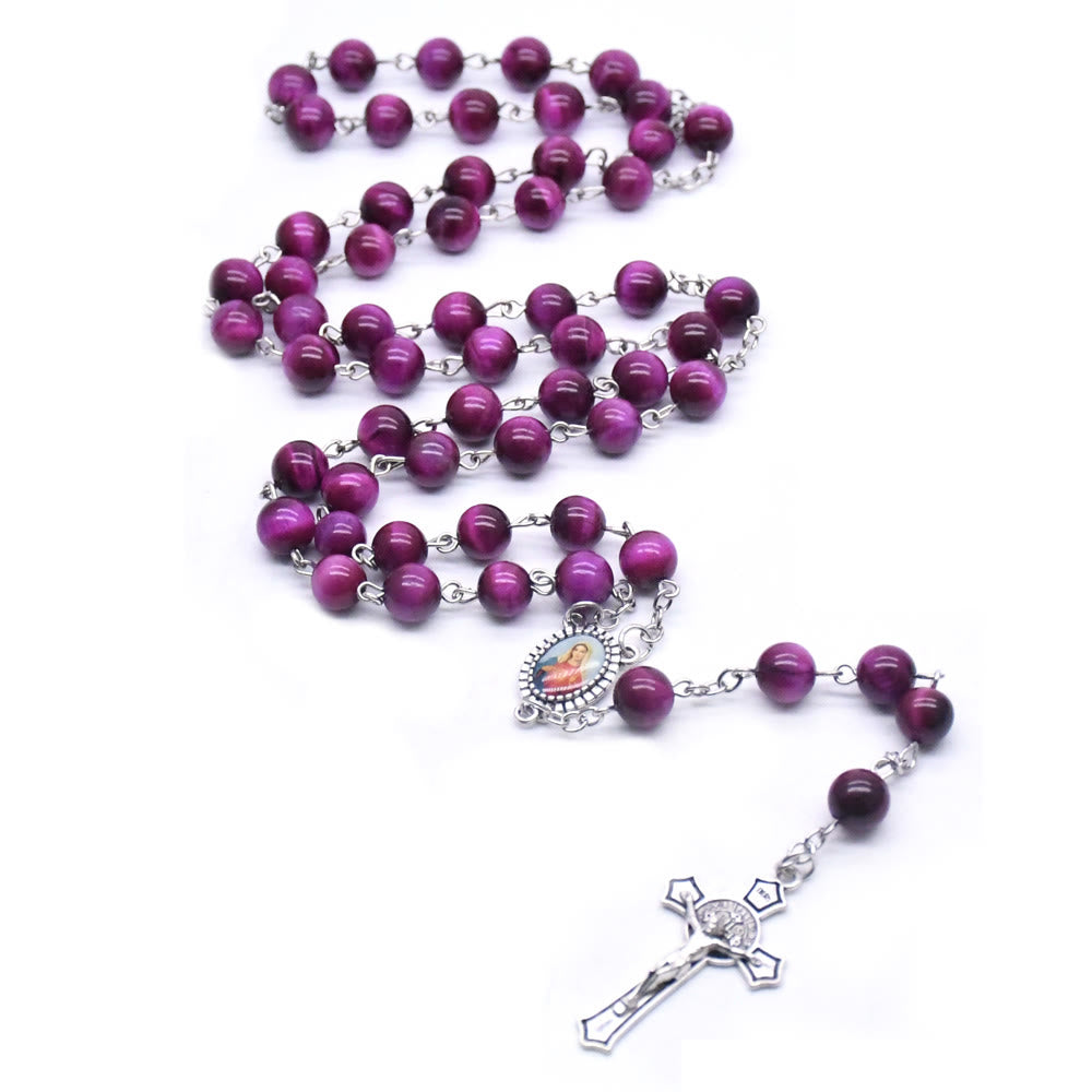 Christianartworkshop Rosario con cadena de aleación, Inmaculado Corazón de María y Crucifijo de Piedra Púrpura Redonda de 8 mm - image 3