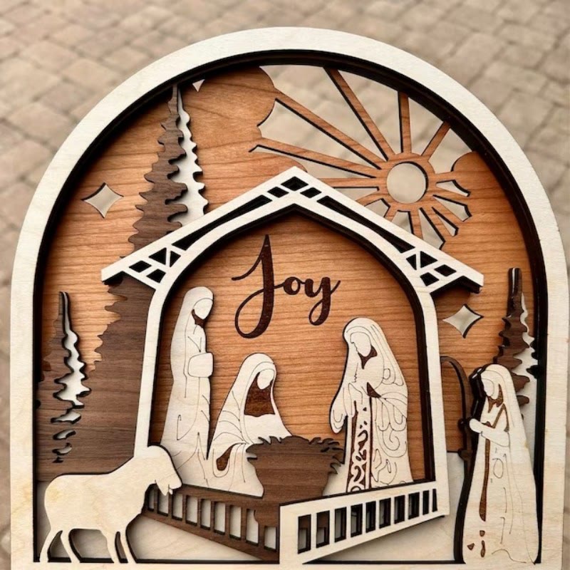 Christianartworkshop Adorno de madera con diseño de Belén de estilo clásico, alegría y fe divina. - image 1
