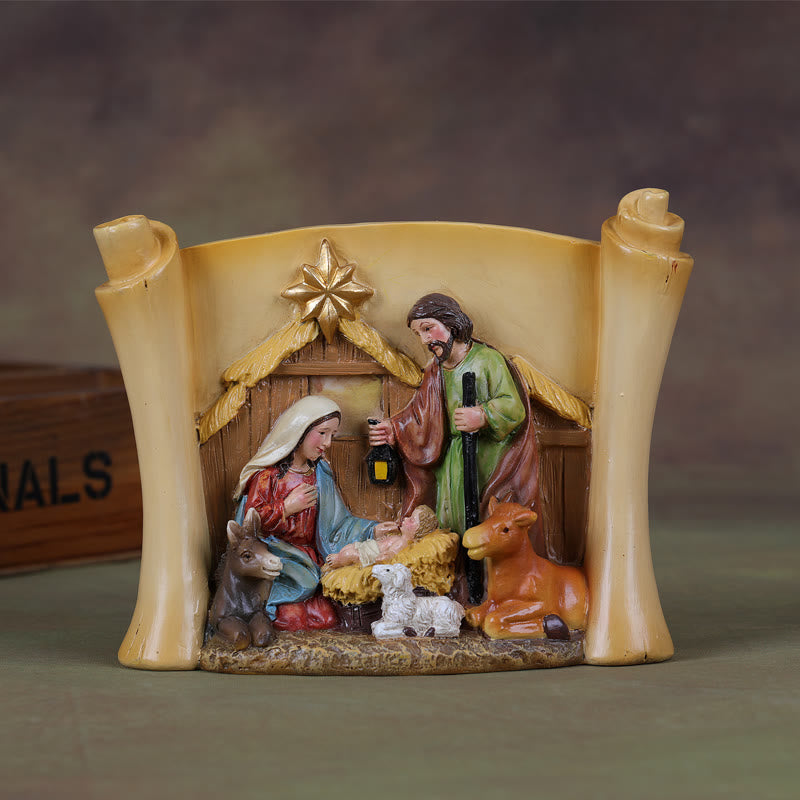 Christianartworkshop Adorno de escritorio con diseño de pergamino colorido y estilo clásico: escena de la Natividad de la Sagrada Familia. - Escena de la Natividad - image 0