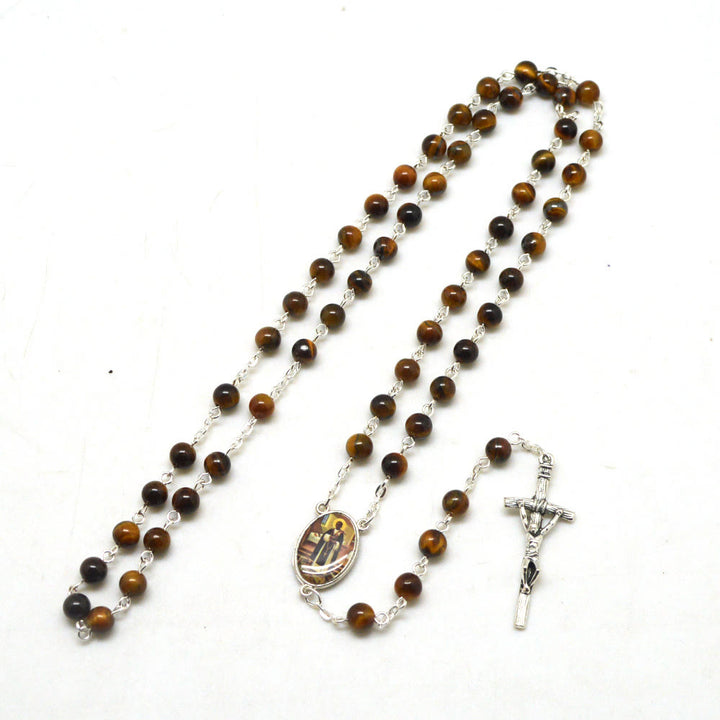 Christianartworkshop Rosario de aleación con cadena de piedra ojo de tigre marrón redonda de 6 mm y crucifijo de San Martín y cadena de aleación - San Martín y Crucifijo - image 0