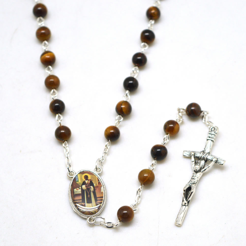 Christianartworkshop Rosario de aleación con cadena de piedra ojo de tigre marrón redonda de 6 mm y crucifijo de San Martín y cadena de aleación - image 1