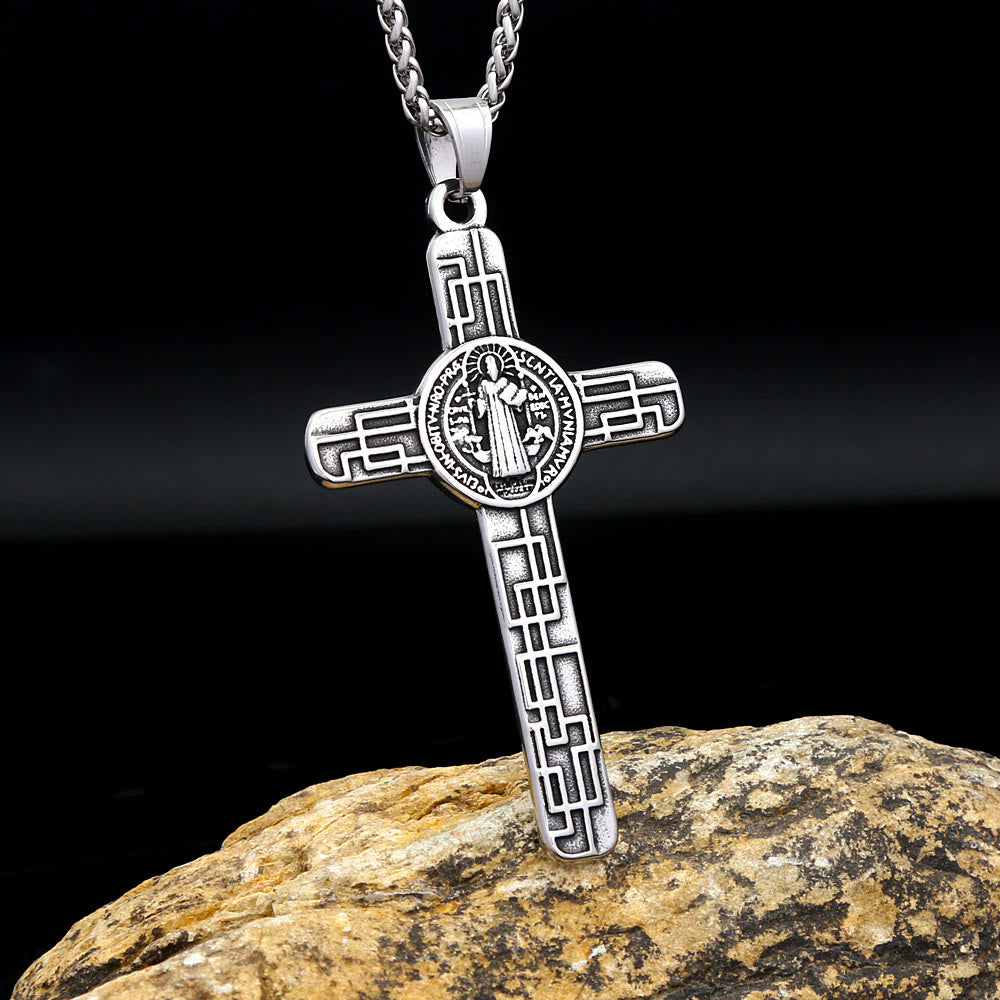 Christianartworkshop Collar con colgante de titanio con la cruz de San Benito "Protégenos" y la frase "Fe" - Cruz de San Benito - image 0