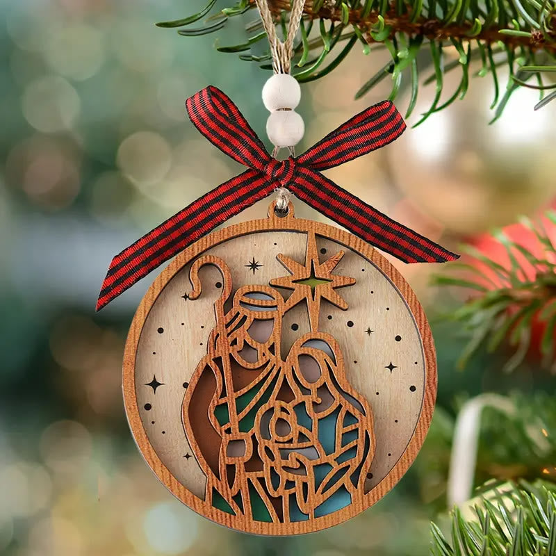 Christianartworkshop Adornos navideños colgantes de madera con silueta de estrella y belén de estilo clásico - Escena de la Natividad - image 0