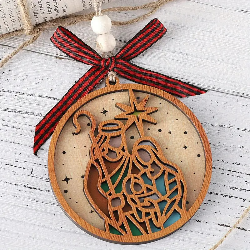 Christianartworkshop Adornos navideños colgantes de madera con silueta de estrella y belén de estilo clásico - image 1