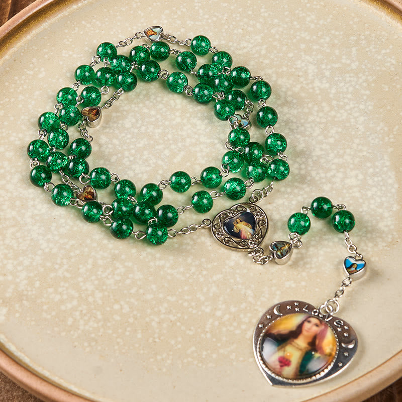 Christianartworkshop Rosario con medalla de doble cara de Jesús María y Sagrado Corazón de Nuestra Señora, de 8 mm, redondo, de cristal verde y cadena de aleación. - image 1