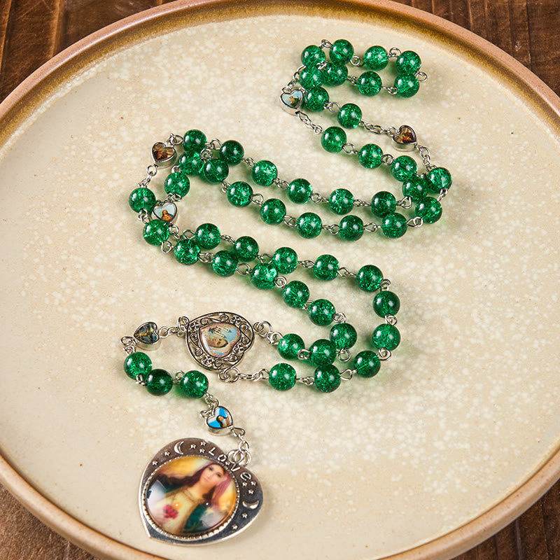 Christianartworkshop Rosario con medalla de doble cara de Jesús María y Sagrado Corazón de Nuestra Señora, de 8 mm, redondo, de cristal verde y cadena de aleación. - Verde - image 0