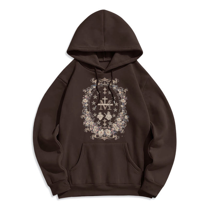 Christianartworkshop Sudadera con capucha de poliéster forrada con forro polar y cruz floral de estilo moderno con estampado de la Virgen María. - Marrón - 2XL - image 11