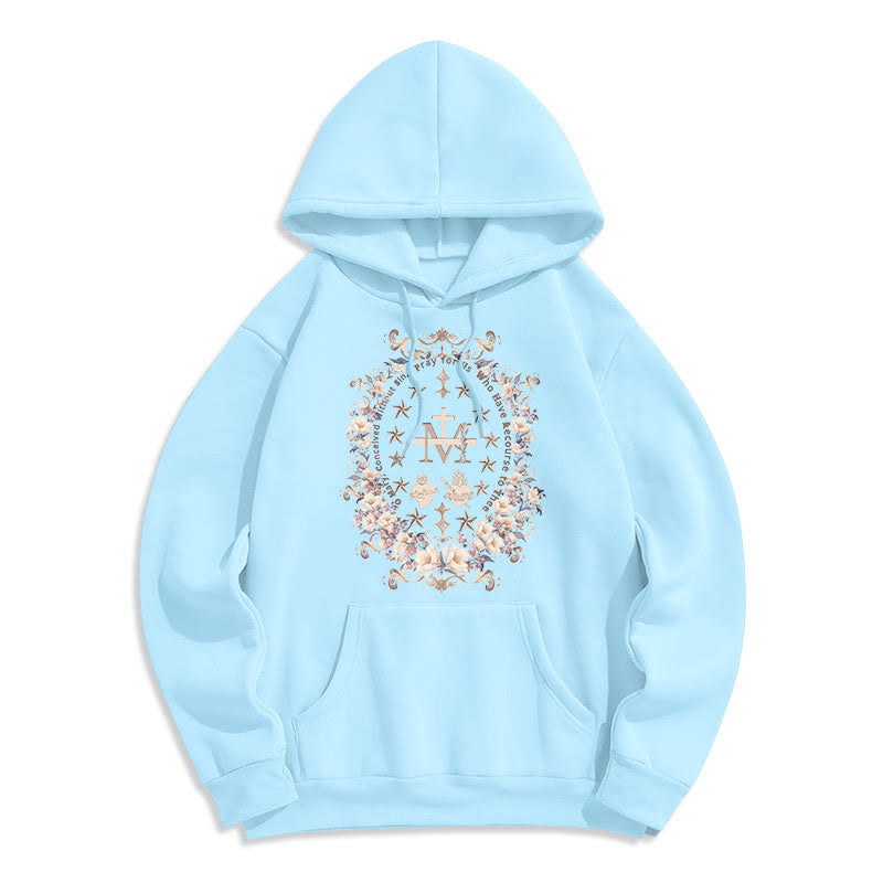 Christianartworkshop Sudadera con capucha de poliéster forrada con forro polar y cruz floral de estilo moderno con estampado de la Virgen María. - Azul - 2XL - image 0