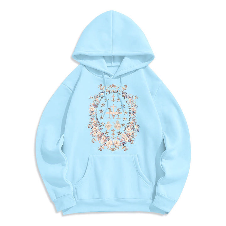 Christianartworkshop Sudadera con capucha de poliéster forrada con forro polar y cruz floral de estilo moderno con estampado de la Virgen María. - Azul - 2XL - image 0