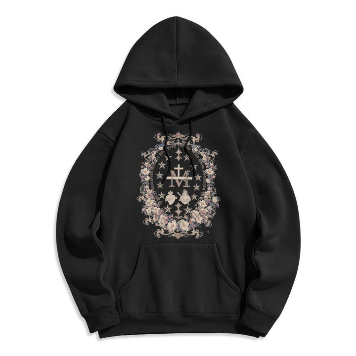Christianartworkshop Sudadera con capucha de poliéster forrada con forro polar y cruz floral de estilo moderno con estampado de la Virgen María. - Negro - 2XL - image 5