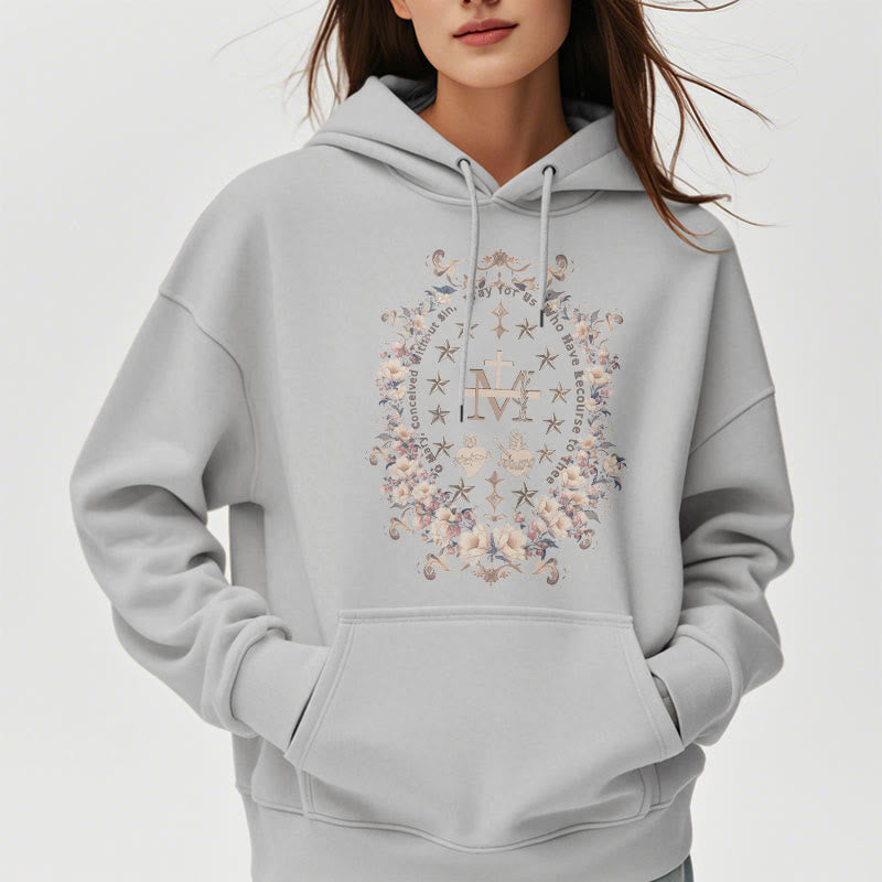 Christianartworkshop Sudadera con capucha de poliéster forrada con forro polar y cruz floral de estilo moderno con estampado de la Virgen María. - image 16