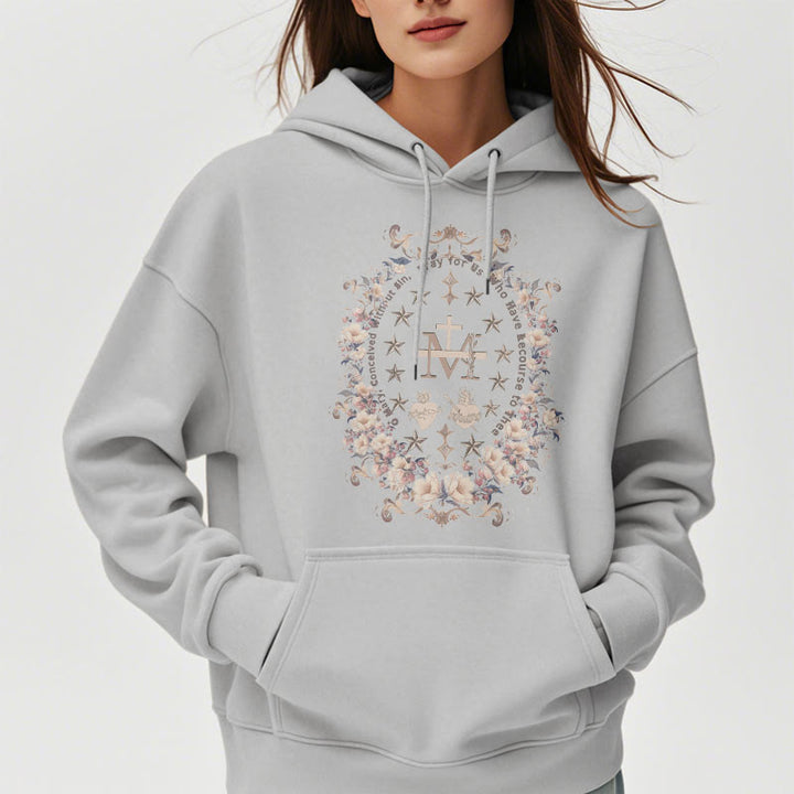 Christianartworkshop Sudadera con capucha de poliéster forrada con forro polar y cruz floral de estilo moderno con estampado de la Virgen María. - image 16