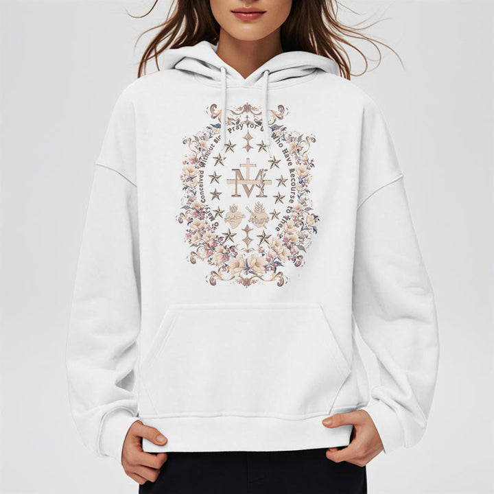 Christianartworkshop Sudadera con capucha de poliéster forrada con forro polar y cruz floral de estilo moderno con estampado de la Virgen María. - image 8