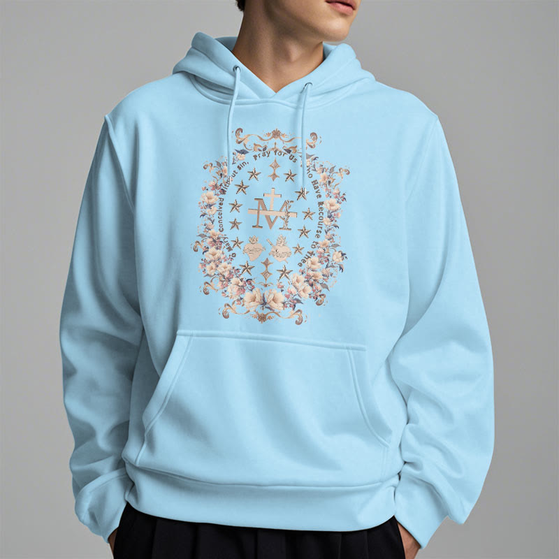 Christianartworkshop Sudadera con capucha de poliéster forrada con forro polar y cruz floral de estilo moderno con estampado de la Virgen María. - image 3