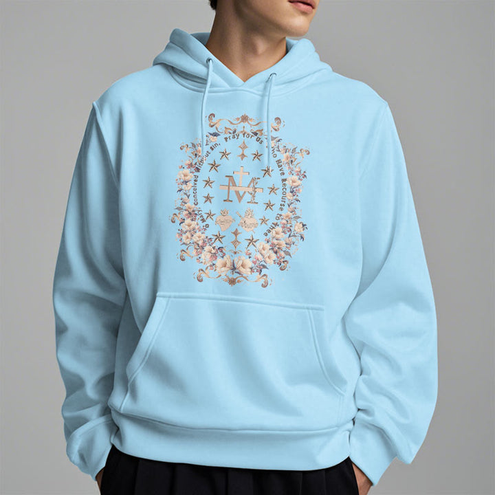 Christianartworkshop Sudadera con capucha de poliéster forrada con forro polar y cruz floral de estilo moderno con estampado de la Virgen María. - image 3