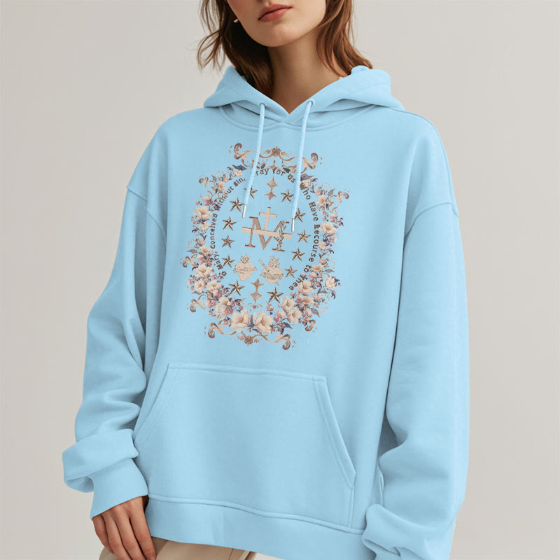 Christianartworkshop Sudadera con capucha de poliéster forrada con forro polar y cruz floral de estilo moderno con estampado de la Virgen María. - image 4