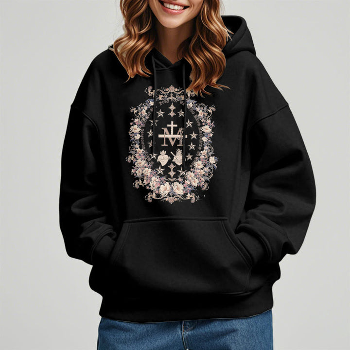 Christianartworkshop Sudadera con capucha de poliéster forrada con forro polar y cruz floral de estilo moderno con estampado de la Virgen María. - image 6