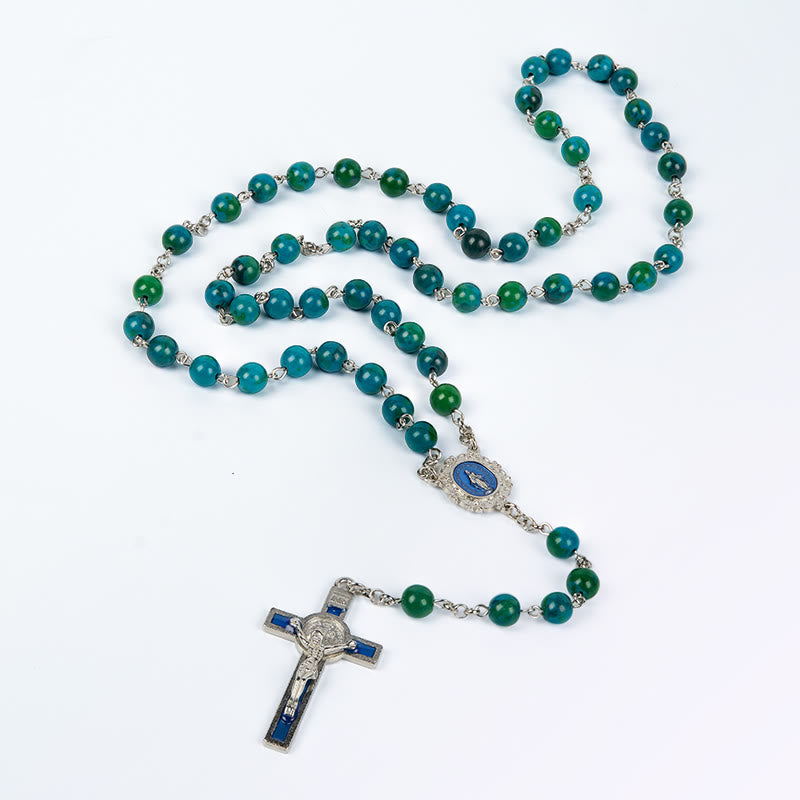 Christianartworkshop Medalla milagrosa y crucifijo de piedra redonda verde azul de 8 mm con cadena de aleación y rosario - image 4
